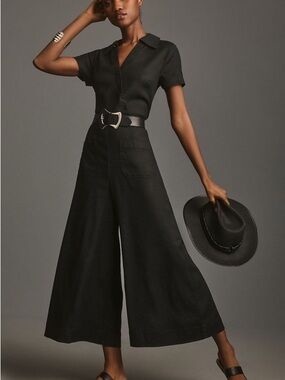 Maeve Black Short-Sleeve Utility Jumpsuit with Tie Waist